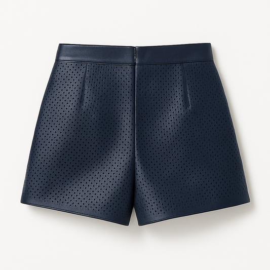 Navy Perforated Leather Shorts for Women – Breathable Designer High-Waisted Summer Shorts