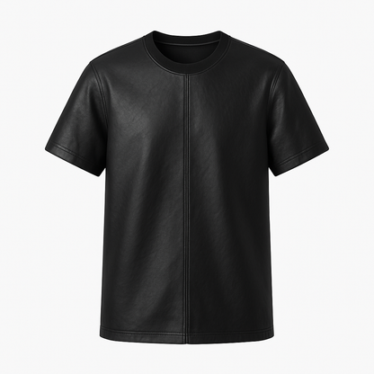 Men’s Leather T-Shirt – Black Minimalist Crewneck