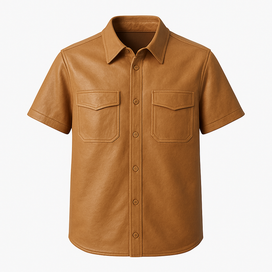Men’s Leather Shirt – Caramel Tan Short Sleeve Button-Up