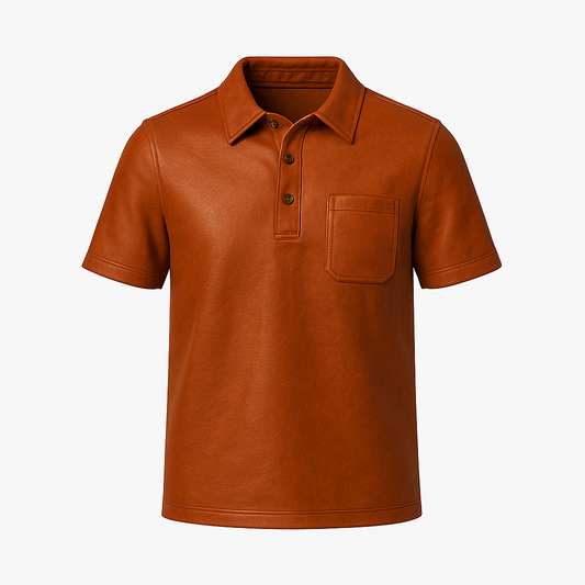 Men’s Leather Polo Shirt – Burnt Caramel Short Sleeve