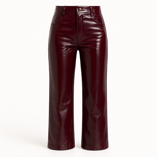 Glossy High-Waisted Burgundy Leather Pants