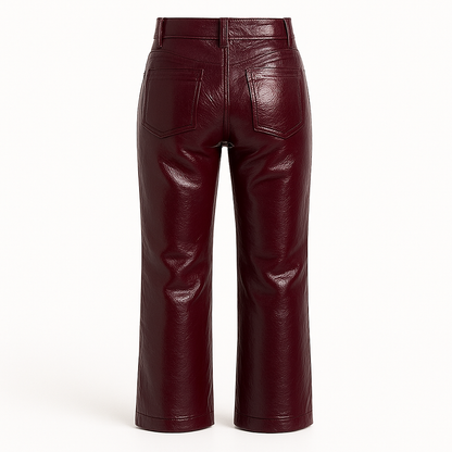 Glossy High-Waisted Burgundy Leather Pants