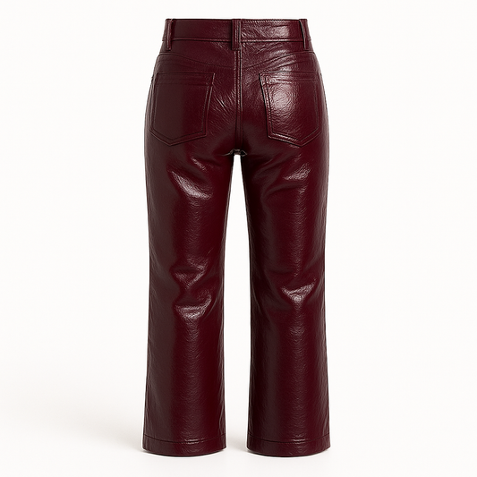Glossy High-Waisted Burgundy Leather Pants