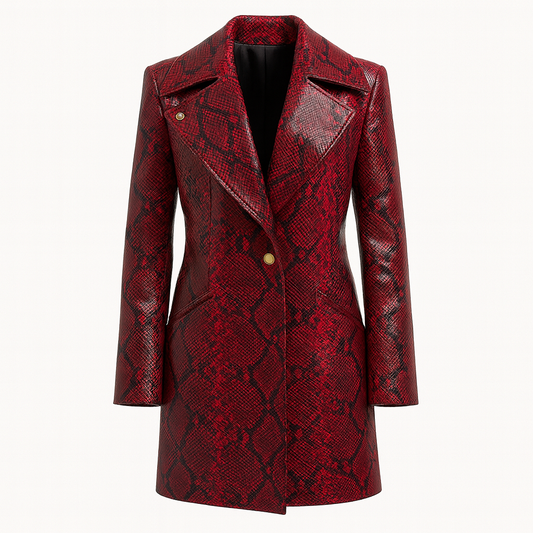 Red Snakeskin Leather Trench Coat – Women’s Long Statement Outerwear