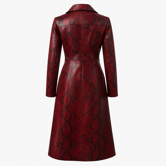 Red Snakeskin Leather Trench Coat – Women’s Long Statement Outerwear