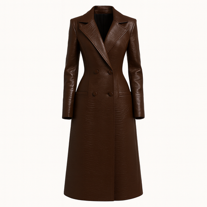 Brown Faux Leather Long Trench Coat – Double-Breasted Fitted Overcoat for Women