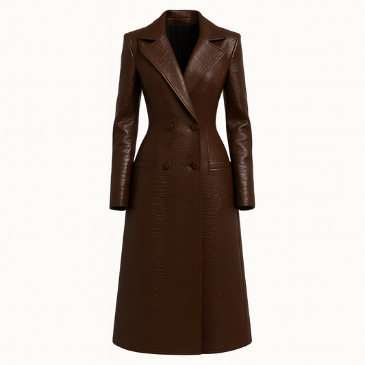 Brown Faux Leather Long Trench Coat – Double-Breasted Fitted Overcoat for Women