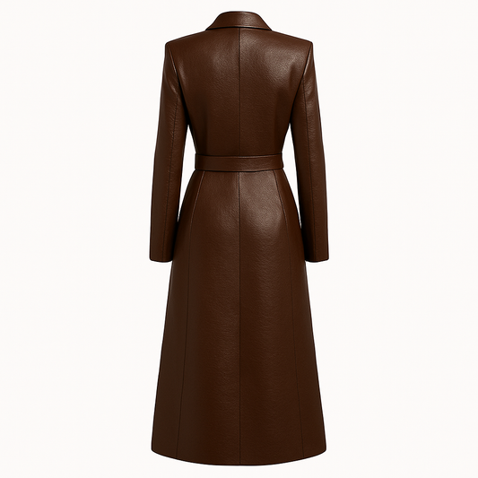 Brown Faux Leather Long Trench Coat – Double-Breasted Fitted Overcoat for Women