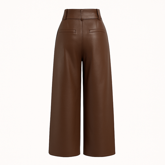 High-Waisted Wide-Leg Faux Leather Pants – Mocha Brown