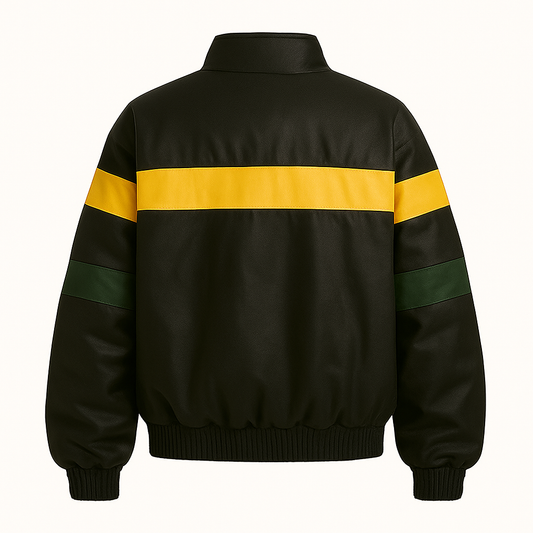 Colorblock Striped Leather Bomber Jacket – Black/Yellow/Green