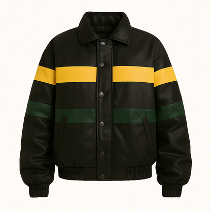 Colorblock Striped Leather Bomber Jacket – Black/Yellow/Green