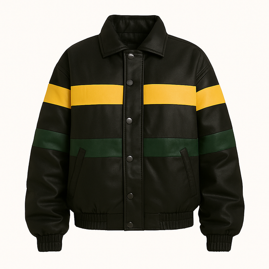 Colorblock Striped Leather Bomber Jacket – Black/Yellow/Green