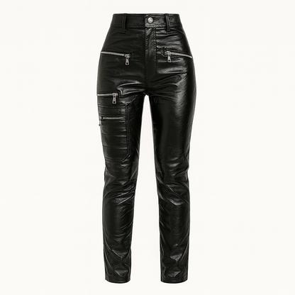 Multi-Zip Glossy Leather Pants – Jet Black
