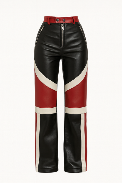 Tri-Color Moto Leather Pants – Red, Black & Cream