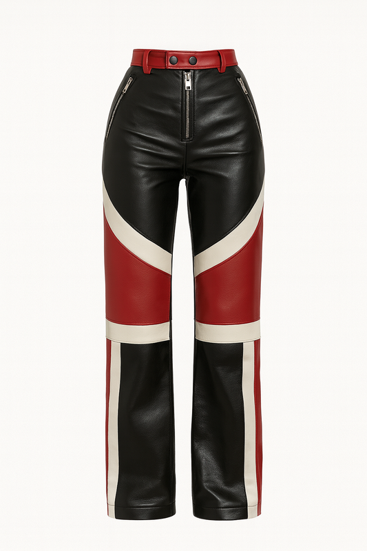 Tri-Color Moto Leather Pants – Red, Black & Cream