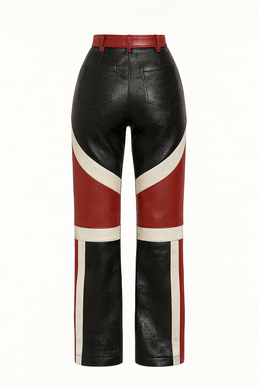 Tri-Color Moto Leather Pants – Red, Black & Cream