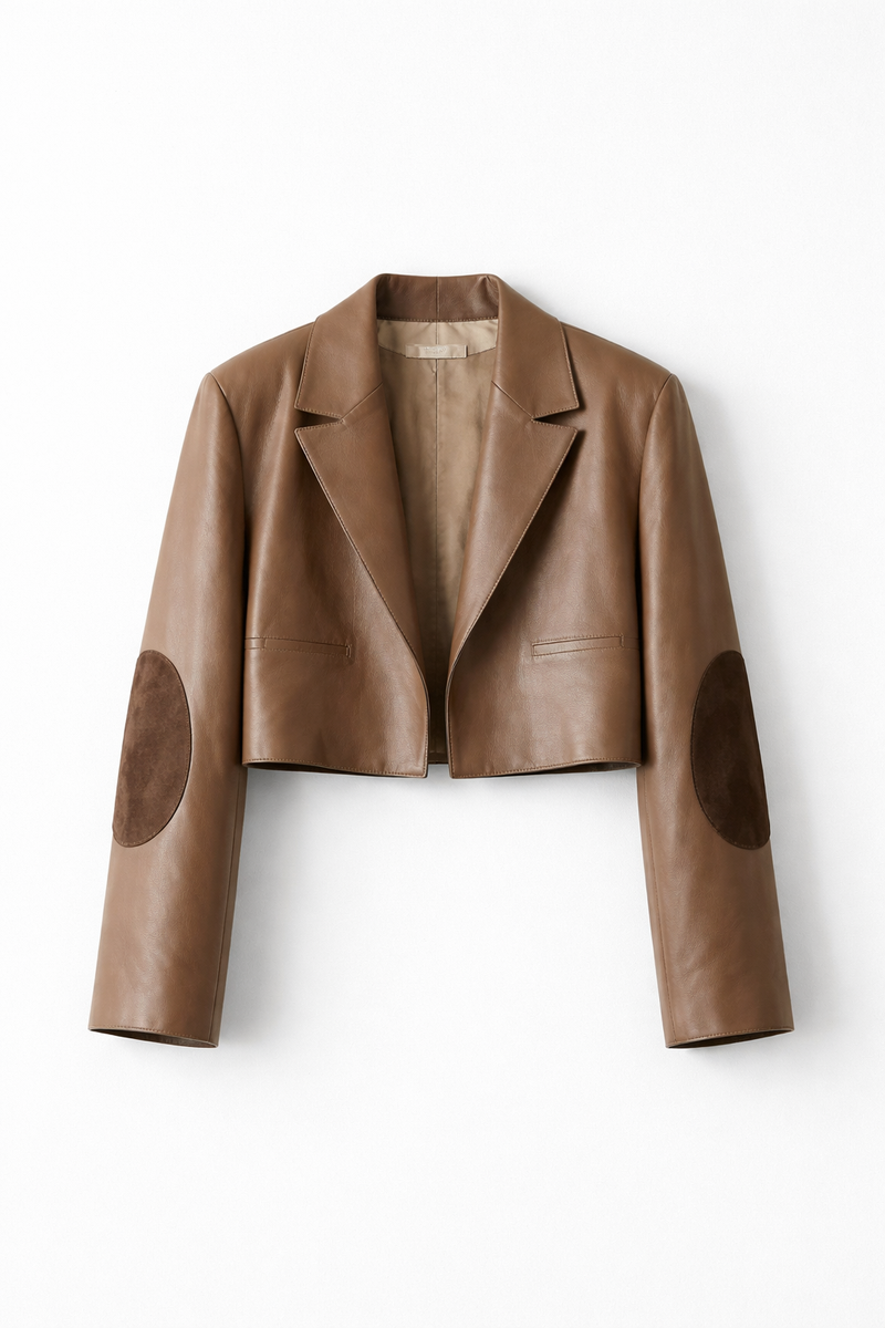 Women’s Cropped Cappuccino Leather Blazer with Suede Elbow Patches