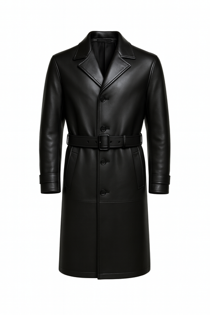 Men Black Leather Trench Coat