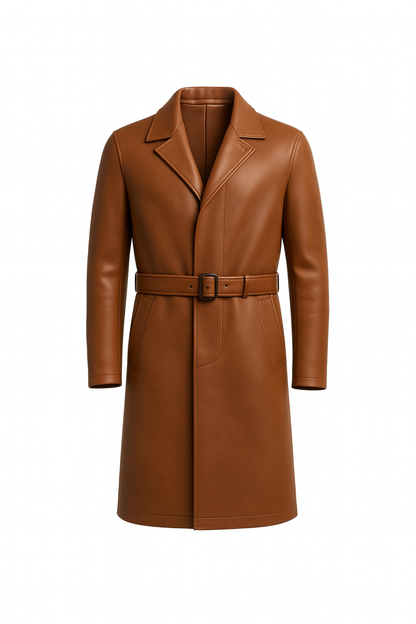 Men Brown Leather Trench Coat