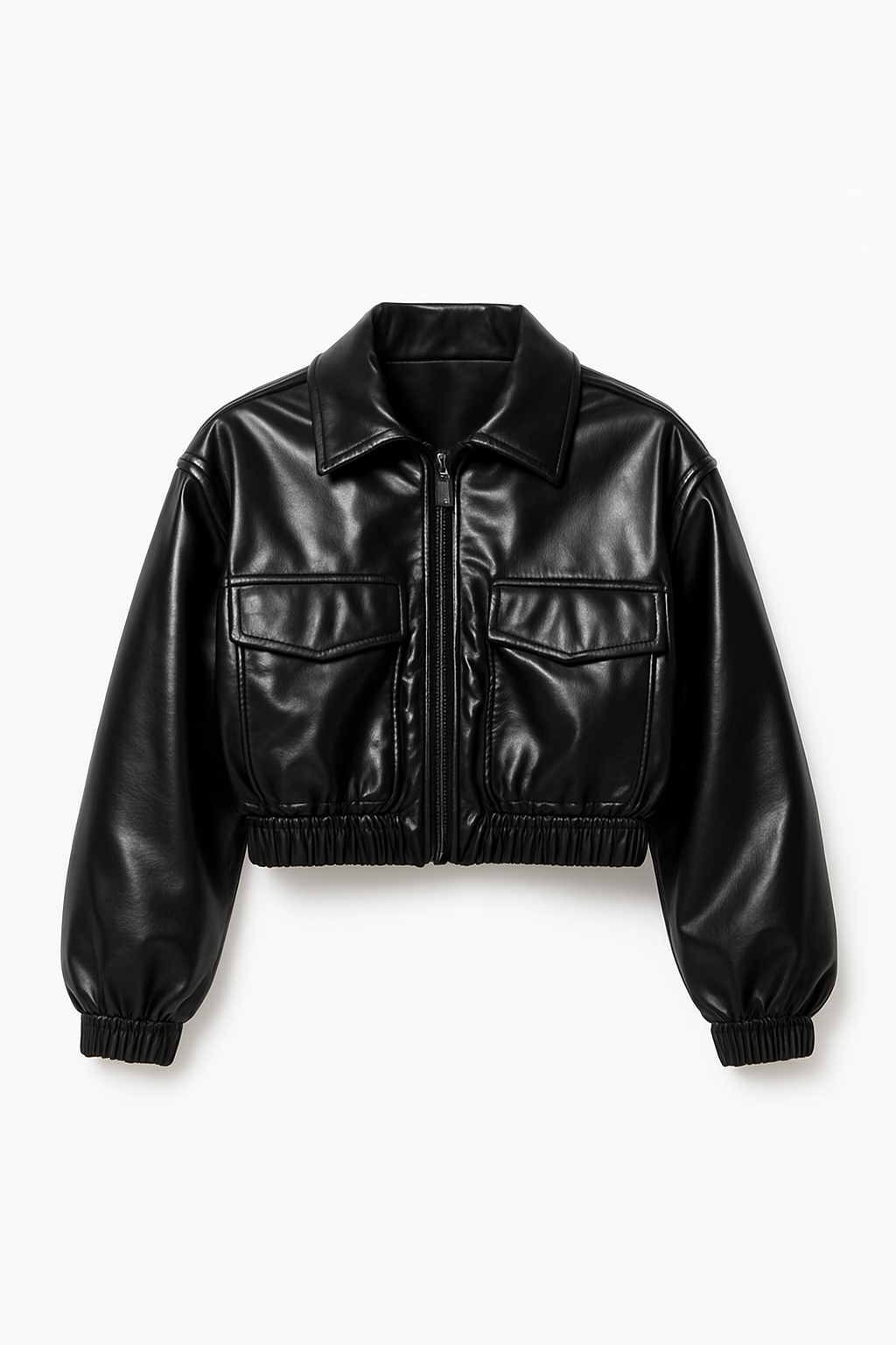 Women Glossy Black Cropped Leather Jacket