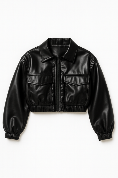 Women Glossy Black Cropped Leather Jacket