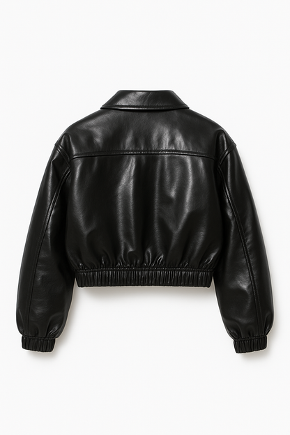 Women Glossy Black Cropped Leather Jacket