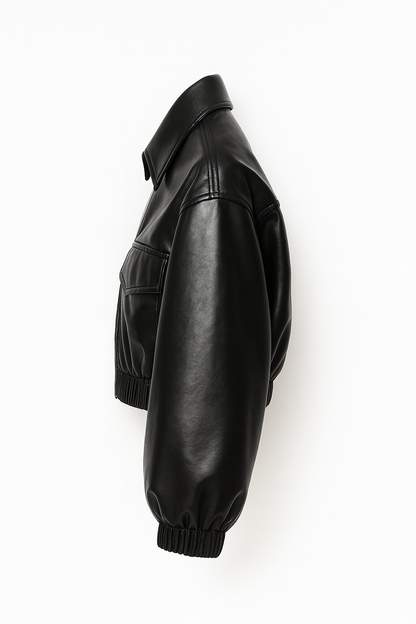 Women Glossy Black Cropped Leather Jacket
