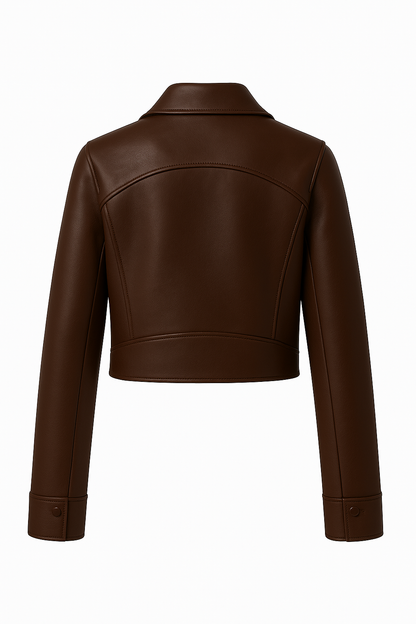 Cropped Brown Leather Moto Jacket for Women