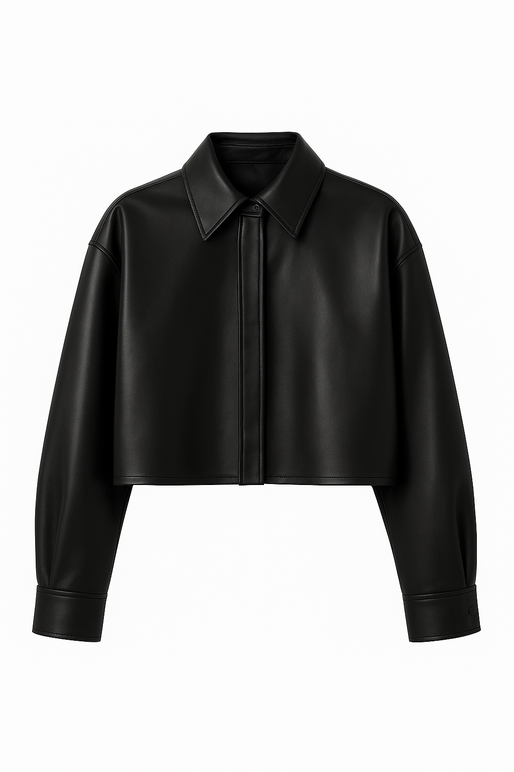 Black Cropped Faux Leather Shirt for Women