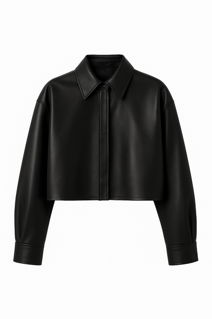 Black Cropped Faux Leather Shirt for Women