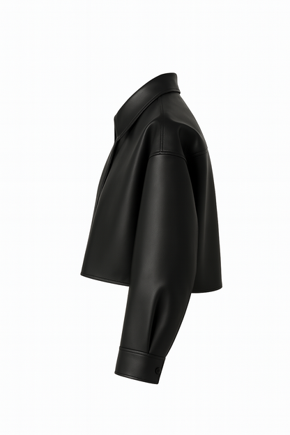 Black Cropped Faux Leather Shirt for Women