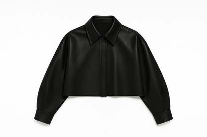 Black Cropped Faux Leather Shirt for Women
