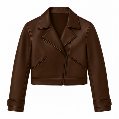 Cropped Brown Leather Moto Jacket for Women