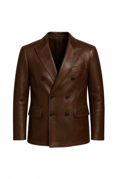 Double Breasted Premium Leather Blazer Rich Espresso Brown