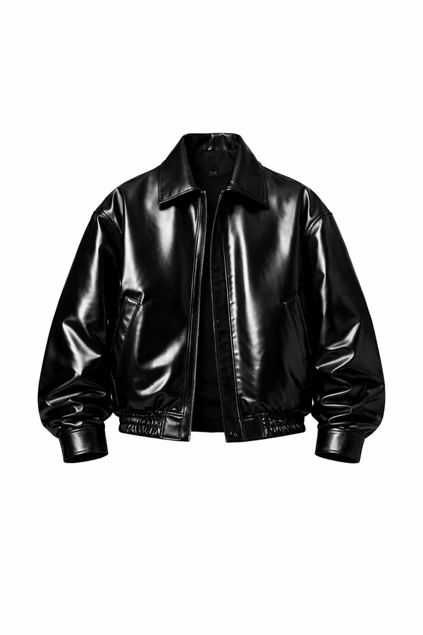 Men Oversized Black Patent Leather Bomber Jacket