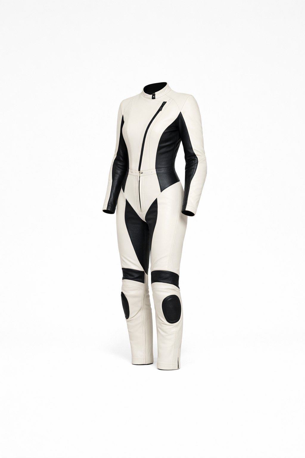 Women’s Bone White × Noir Black Leather Riding Suit