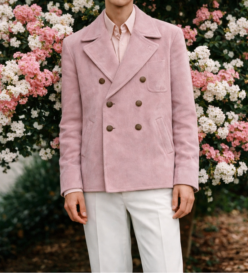 Man wearing a pink jacket and white pants standing in front of a floral background