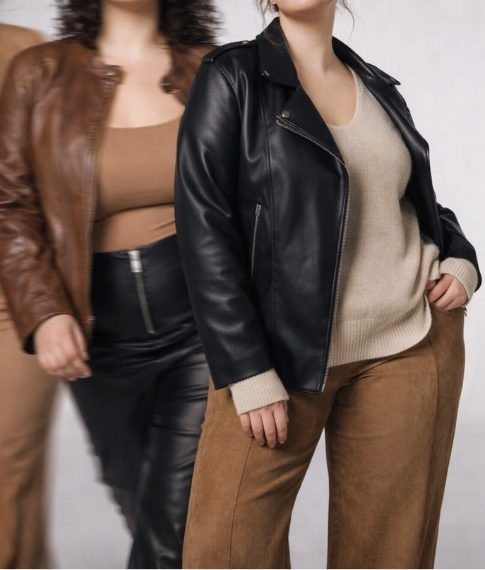 Four women wearing brown and black leather outfits against a gray background