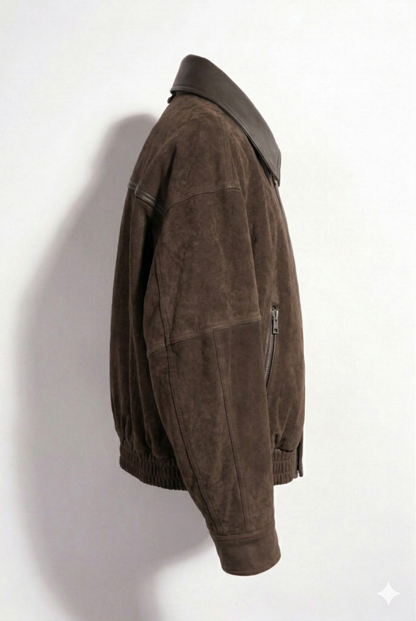 Men's Dark Brown Suede Leather Bomber Jacket