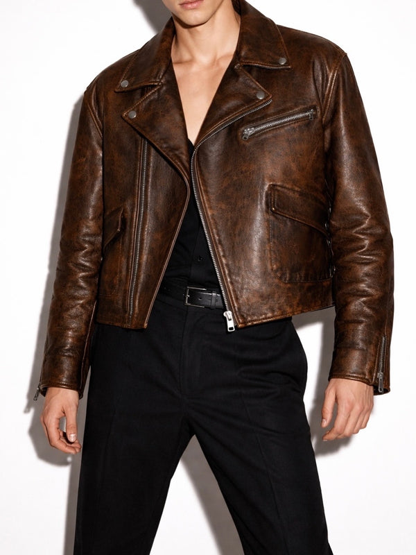 Men Vintage Tobacco Leather Biker Jacket