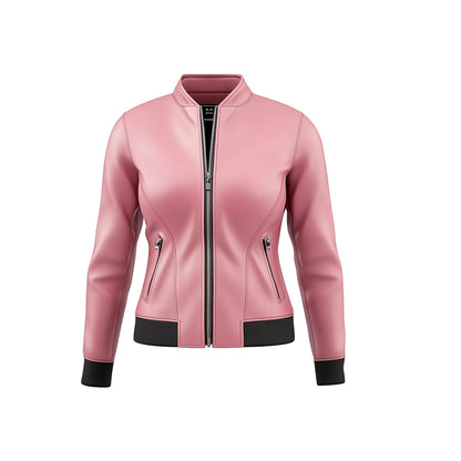 Women's Pink Leather Bomber Jacket – Sporty Chic Varsity Style with Ribbed Trim