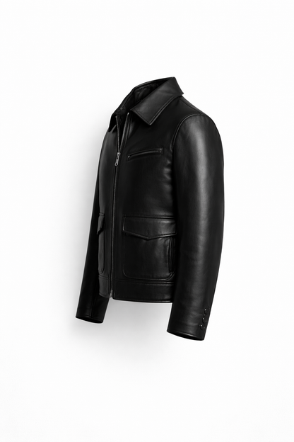 Black leather jacket on a white background