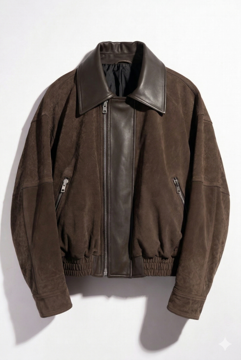 Men's Dark Brown Suede Leather Bomber Jacket