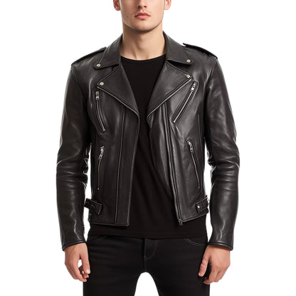 Men's Black Leather Biker Jacket – Sleek Moto Design with Asymmetric Zippers & Belted Waist