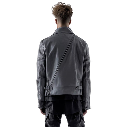 Men's Grey Biker Leather Jacket – Asymmetrical Zipper Moto Fashion Coat – Premium Motorcycle Outerwear