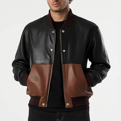 Mens Black and Brown Leather Varsity Jacket - Classic Bomber Style for Casual Wear and Street Fashion