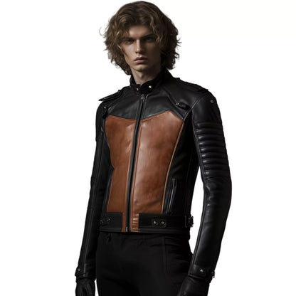 Men's Black and Brown Biker Leather Jacket - Vintage Motorcycle Riding Gear