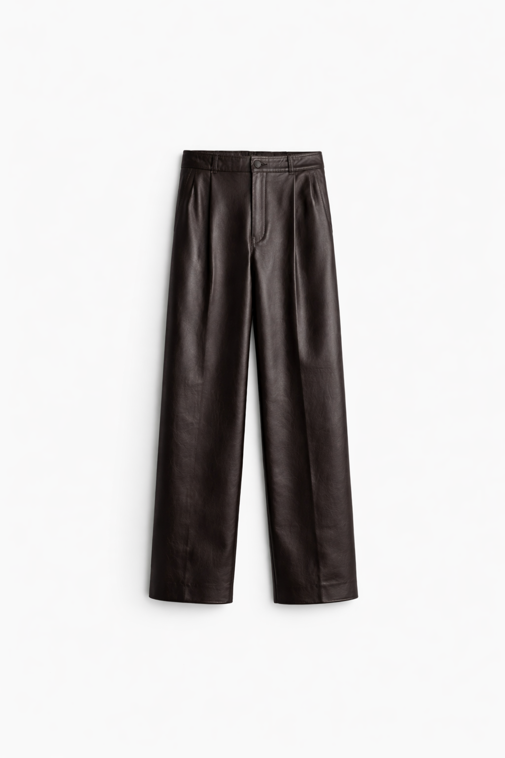 blackened espresso lambskin leather wide leg trousers men premium leather pants studio product shot white background