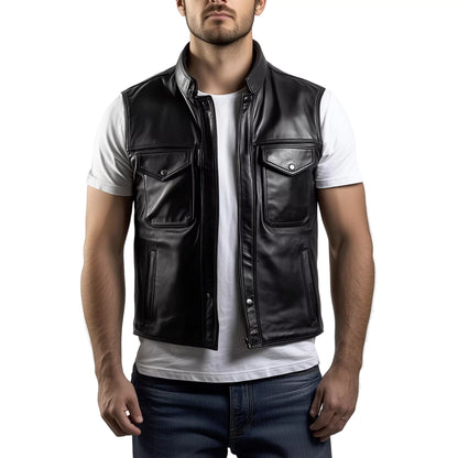 Men’s Leather Biker Vest – Genuine Leather Club Waistcoat with Front Zipper
