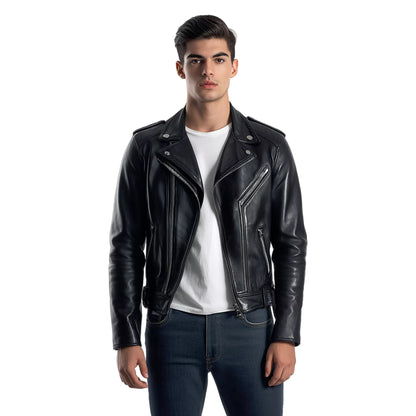 Men's Black Premium Genuine Leather Biker Jacket – Sleek Slim Fit with Classic Zipper Detailing